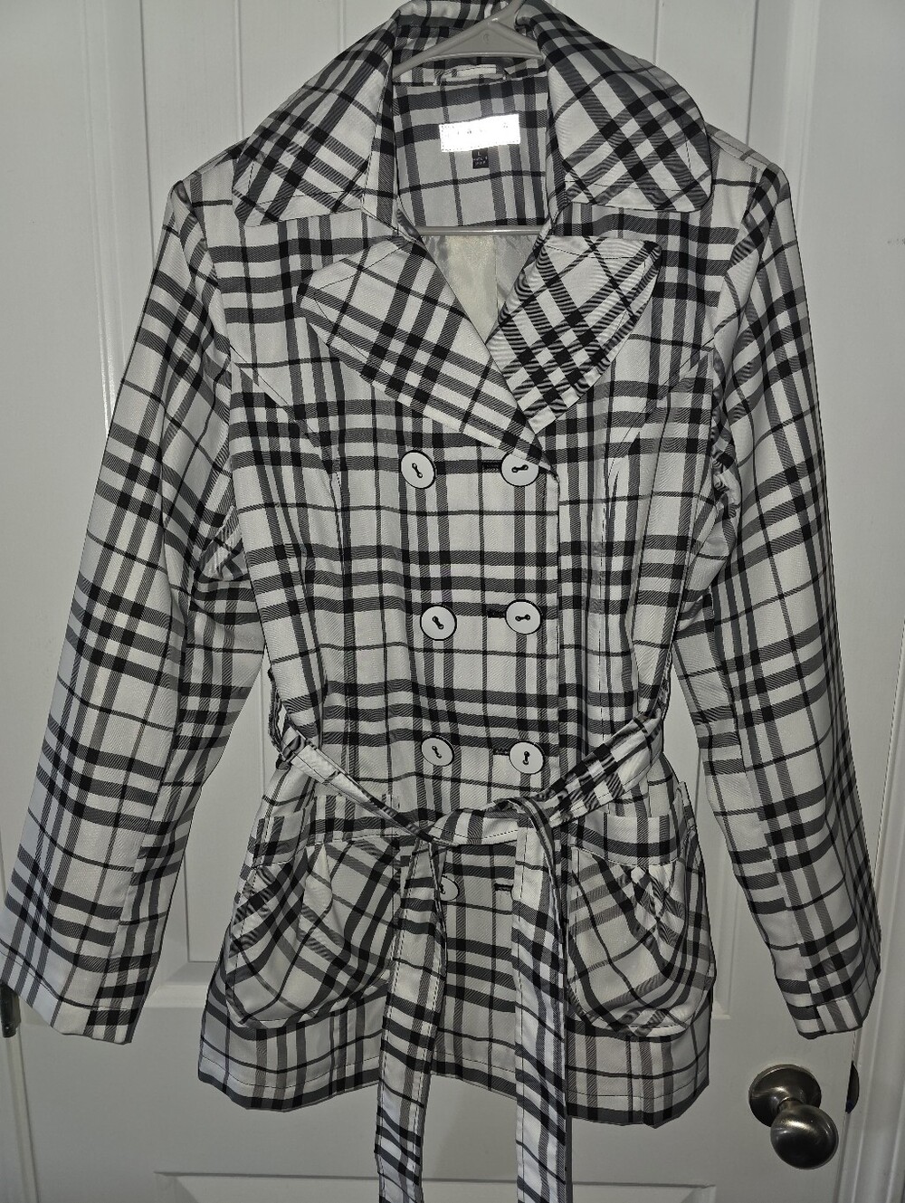 Giacca Plaid Black & White Double-Breasted Women's Trench Coat NWOT Large